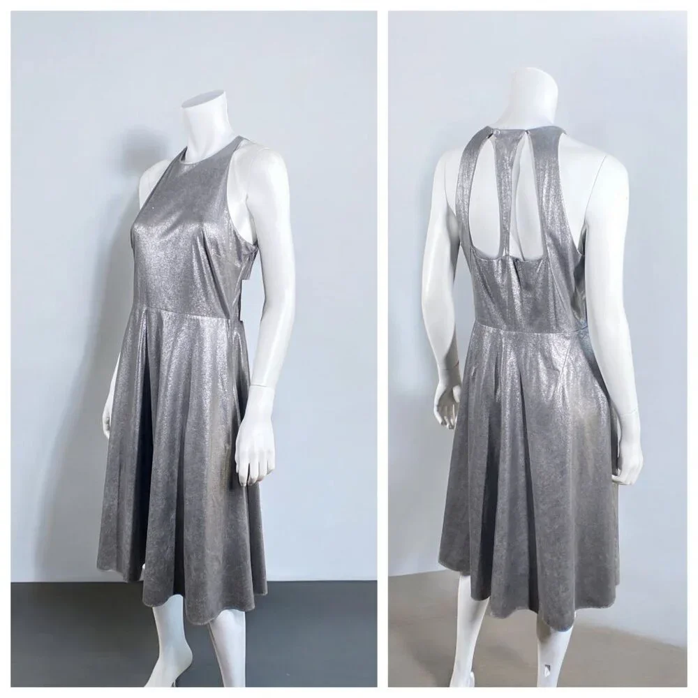 NWT H By Halston Metallic Faux Suede Dress Gunmetal, Size 8 - Picture 14 of 15
